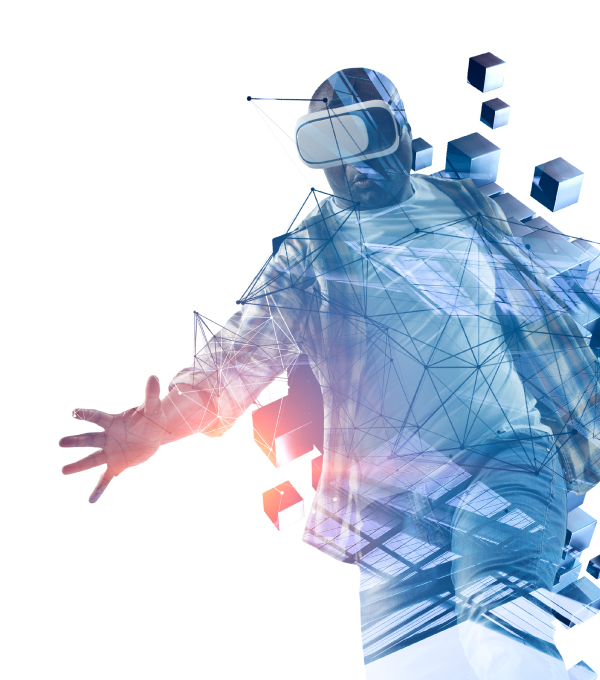 Persona con gafas de realidad virtual interactuando con un entorno digital, simbolizando comunicación innovadora y soporte tecnológico avanzado.