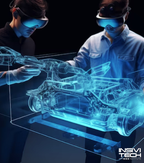 Dos profesionales con visores de realidad aumentada analizando el modelo digital de un vehículo, representando la formación teórica y práctica INSIVITECH.