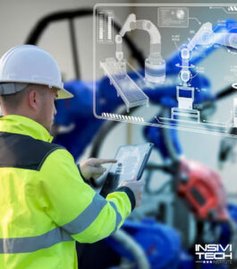 Ingeniero usando tablet con simulación de brazos robóticos en un entorno industrial, representando la automatización y la digitalización en la industria.