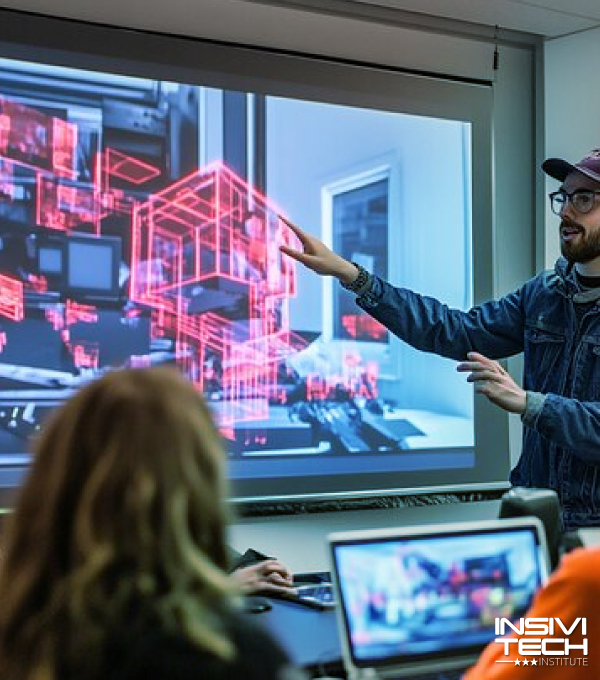 Instructor explicando simulación digital en una proyección, mientras estudiantes siguen la clase con laptops.