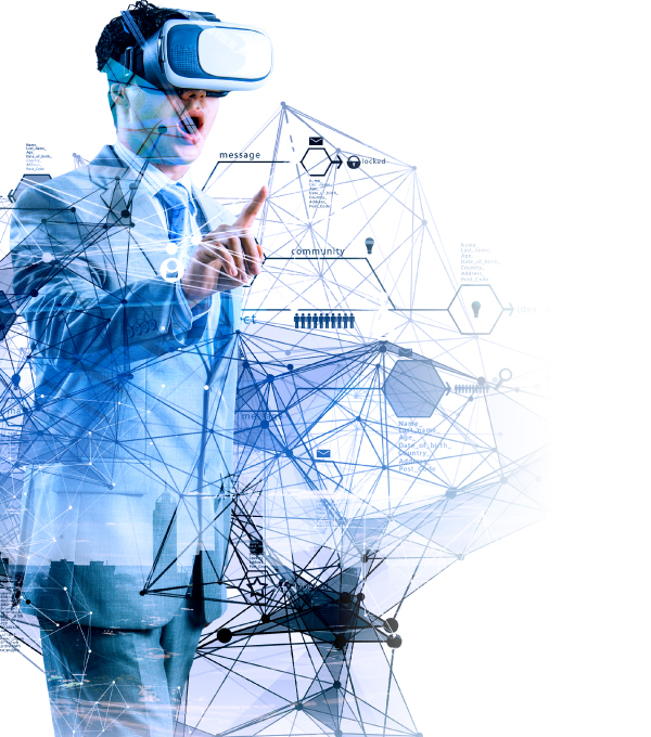 Persona con visor de realidad virtual explorando soluciones innovadoras en entornos empresariales y educativos.
